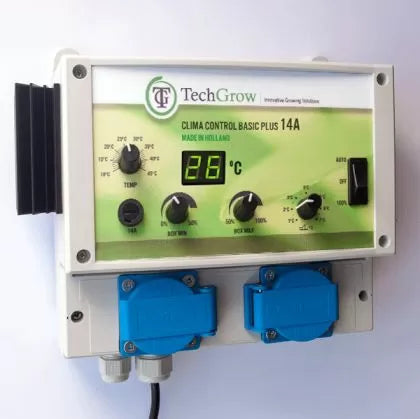 TechGrow Clima Control Basic Plus 14A - controler digital pentru temperatură, viteză min. și max. și histerezis (2 ventilatoare)