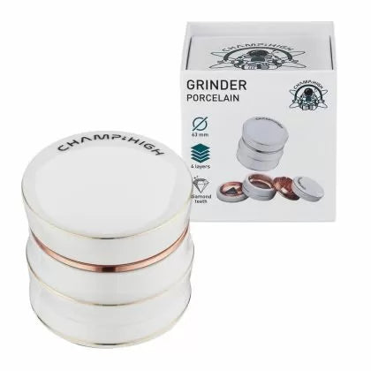 Grinder metalic premium Champ High Porcelain, alb, din 4 piese – 63 mm