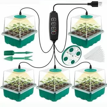 Set de 5 mini-sere pentru răsaduri cu iluminat LED, 18/14/15 cm